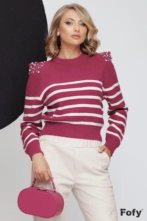 Pulover dama premium magenta cu dungi umeri structurati accesorizati cu cristale