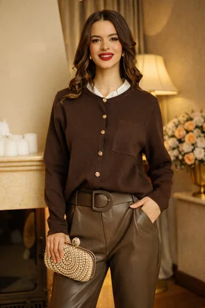 Pulover dama premium maro stil jacheta cu nasturi aurii si volan din bumbac alb