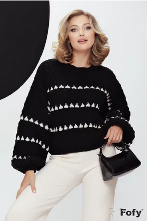 Pulover dama premium negru cu alb din tricot gros structurat