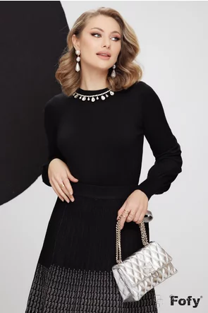 Pulover dama premium negru cu colier elegant din cristale argintii