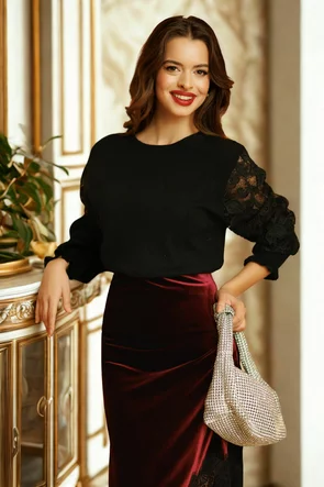 Pulover dama premium negru cu maneci din dantela si mansete late cu volanas