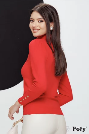 Pulover dama premium rosu cu mansete late volanase din dantela si nasturasi in ton