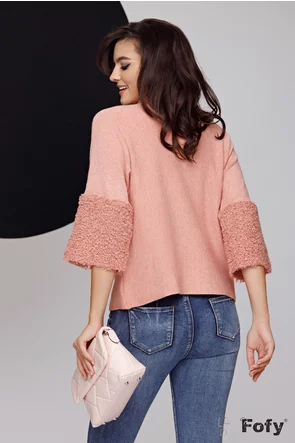 Pulover dama premium roz pudra cu mansete late din blanita creata