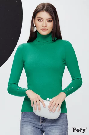 Pulover dama premium verde cu casmir si bumbac cu aplicatii de perle si strassuri la maneca