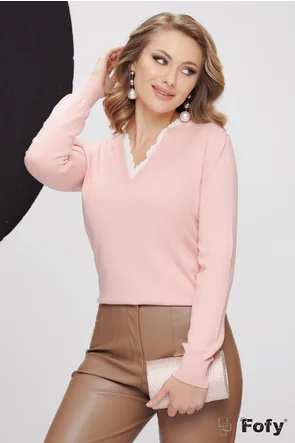 Pulover dama roz premium din casmir si bumbac cu aplicatie de dantela pe anchior