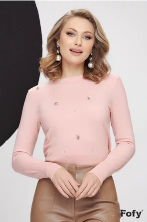 Pulover dama roz premium din casmir si bumbac cu aplicatii de cristale