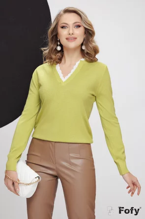 Pulover dama verde lime premium din casmir si bumbac cu aplicatie de dantela pe anchior