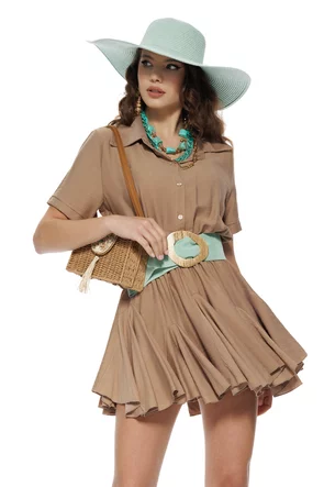Rochie casual din vascoza bej stil camasa si fustita cu volane