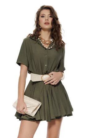 Rochie casual din vascoza olive stil camasa si fustita cu volane