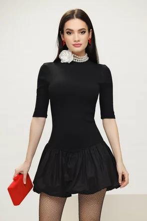 Rochie casual neagra din bumbac premium cu fusta gogosar