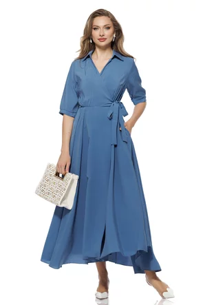 Rochie casual petrecuta stil camasa cu buzunare laterale din vascoza  albastra