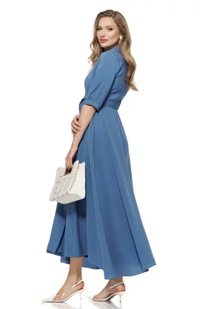 Rochie casual petrecuta stil camasa cu buzunare laterale din vascoza  albastra