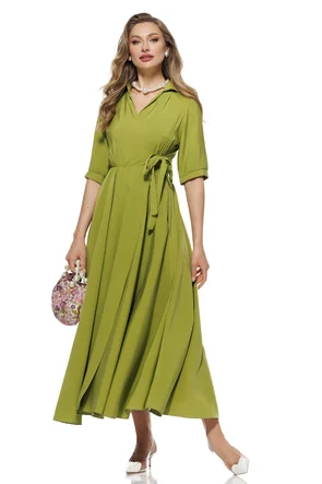 Rochie casual petrecuta stil camasa cu buzunare laterale din vascoza fistic
