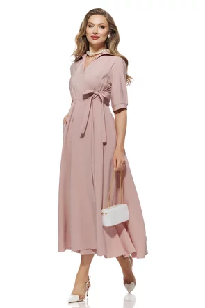 Rochie casual petrecuta stil camasa cu buzunare laterale din vascoza roz