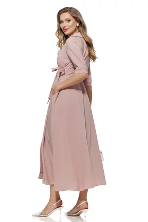 Rochie casual petrecuta stil camasa cu buzunare laterale din vascoza roz