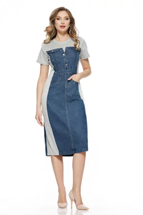 Rochie casual premium de blug cu insertii de bumbac gri 