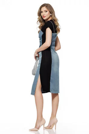 Rochie casual premium de blug cu insertii de bumbac negru cu bretele argintii