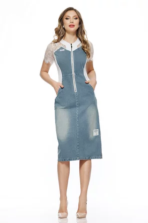 Rochie casual premium de blug cu insertii de bumbac si dantela alba