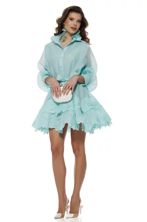 Rochie damă aqua eleganta diafana din organza cu volane si aplicatii de dantela