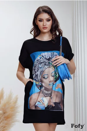 Rochie dama sport din bumbac negru cu imprimeu africa si buzunare laterale