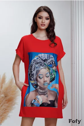 Rochie dama sport din bumbac rosu cu imprimeu africa si buzunare laterale
