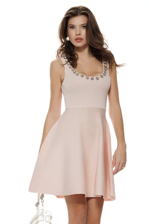 Rochie dama tricotata premium roz cu aplicatii de cristale maxi pe decolteu