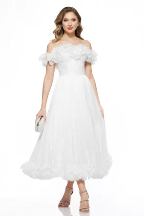 Rochie de cununie spectaculoasa din organza drapata cu volane romantice si corset reglabil cu volane