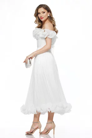 Rochie de cununie spectaculoasa din organza drapata cu volane romantice si corset reglabil cu volane