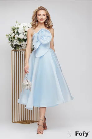 Rochie de ocazie de Lux diafana bleu cu corset reglabil si floare maxi