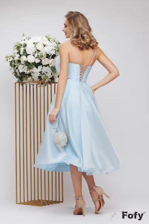 Rochie de ocazie de Lux diafana bleu cu corset reglabil si floare maxi