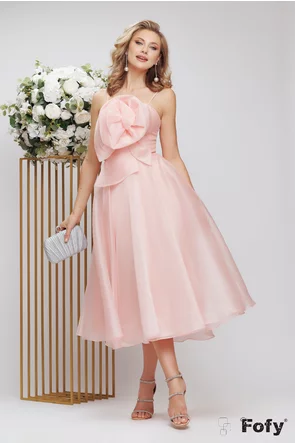 Rochie de ocazie de Lux diafana roz cu corset reglabil si floare maxi