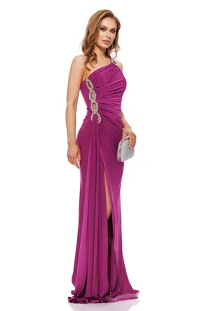 Rochie de ocazie de LUX din lycra magenta premium satinata cu fronseuri si aplicatii de cristale
