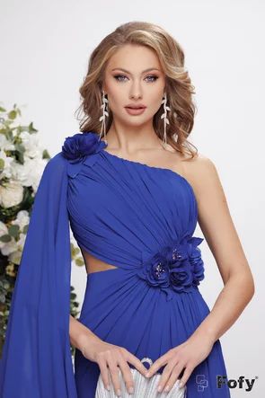 Rochie de ocazie de LUX din voal albastru royal cu fronseuri si flori 3D cu cristale