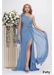 Rochie de ocazie de LUX din voal bleu celest cu fronseuri si flori 3D cu cristale