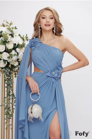 Rochie de ocazie de LUX din voal bleu celest cu fronseuri si flori 3D cu cristale
