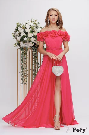Rochie de ocazie de LUX din voal roz ciclame cu corset fronsat si flori lucrate manual