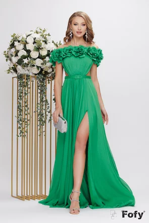 Rochie de ocazie de LUX din voal verde smarald cu corset fronsat si flori lucrate manual