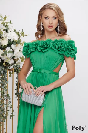 Rochie de ocazie de LUX din voal verde smarald cu corset fronsat si flori lucrate manual