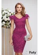 Rochie de ocazie din dantela magenta cu dublura de tafta si pene la maneci