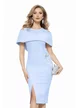 Rochie de ocazie eleganta baby blue din neopren cu design inedit si aplicatii de cristale