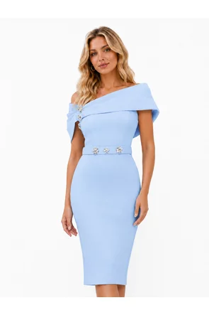 Rochie de ocazie eleganta baby blue din neopren pe umeri si cristale maxi