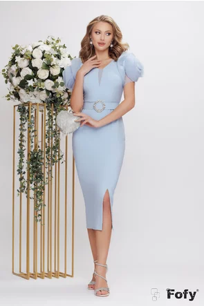 Rochie de ocazie eleganta baby blue midi cu flori din organza la maneci si centura cu cristale