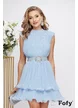 Rochie de ocazie eleganta bleu ciel din voal plisat premium cu umeri buretati si centura cu cristaleu
