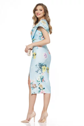 Rochie de ocazie eleganta bleu din neopren cu imprimeu floral