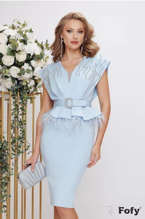 Rochie de ocazie eleganta din neopren bleu cu peplum detalii argintii si pene