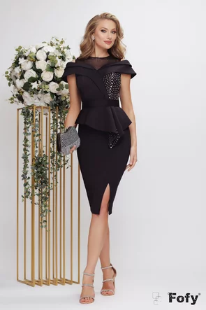 Rochie de ocazie eleganta din neopren negru cu peplum asimetric si aplicatii de strasuri