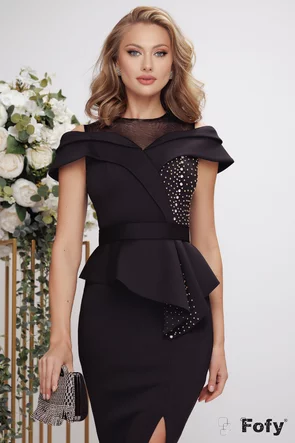 Rochie de ocazie eleganta din neopren negru cu peplum asimetric si aplicatii de strasuri