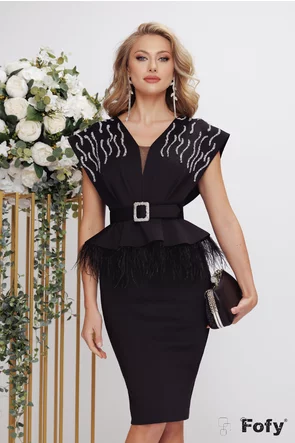 Rochie de ocazie eleganta din neopren negru cu peplum detalii argintii si pene