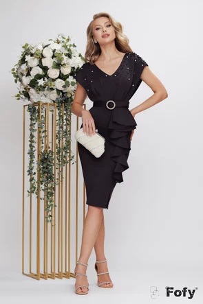 Rochie de ocazie eleganta din neopren negru cu volan decorativ si aplicatii de perle si strassuri