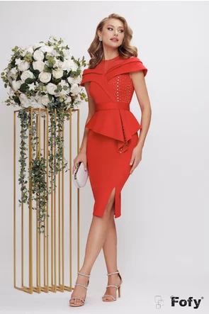 Rochie de ocazie eleganta din neopren rosu cu peplum asimetric si aplicatii de strasuri